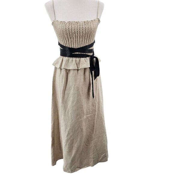 Reformation Womens XS Miles Linen Satin Belted‎ Dress in Oatmeal NWOT - Picture 3 of 16